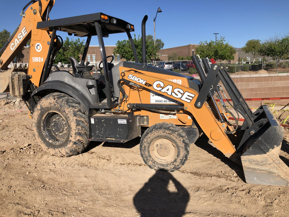 2019 Case 580N EP Canopy, 4WD, 1-Way Aux Hydraulics, Pilot Controls, Ride Control and Loader Aux Hydraulics, 900 LB. Front CWT, 82" HD LONG LIP (1 CU. YD.) W/BOCE AND LIFT EYES, FLIP OVER/STABILIZER PADS COMB