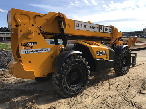 2019 JCB 510-56 Open ROPS, 74 HP, Solid Tires, Worklights, Beacon, Aux Hydraulics, Lifting Eye w/60" Carriage/60" Forks