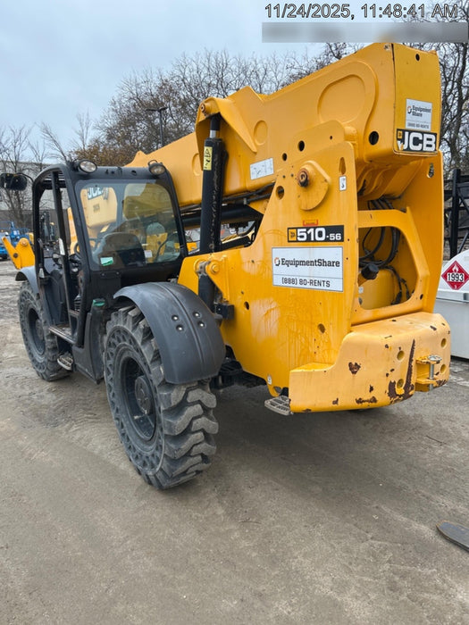 2019 JCB 510-56 74 HP w/Open ROPS, Beacon, Aux Hydraulics, Worklights, Solid Tires, 60" Carriage/Forks