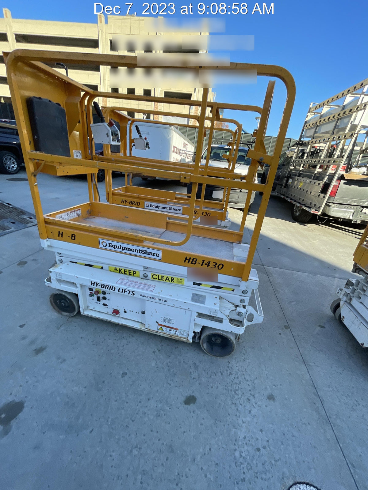 Custom Equipment HB-1430 Hy-Brid Scissor Lift
Platform capacity up to 670 lbs
Working height up to 20 ft
Weighs under 1,700 lbs
Non-marking wheels