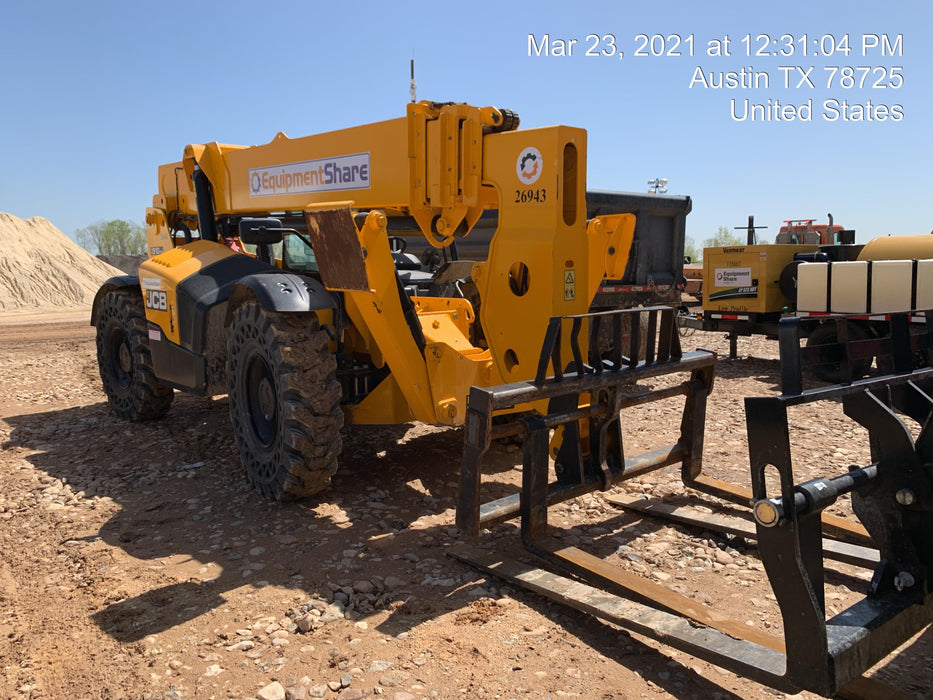 2019 JCB 510-56 74 HP w/Open ROPS, Beacon, Aux Hydraulics, Worklights, Solid Tires w/60" Carriage/Forks