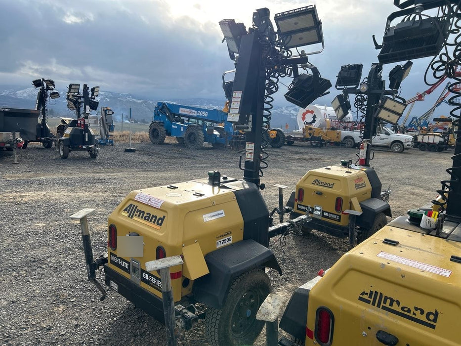 Allmand NLV3GR (4) LED Light Fixture 350W, 23' Vertical Mast, 3kW Prime, Towable, Deep Sea L401, Leveling Jacks, Yanmar T4F 5.8hp