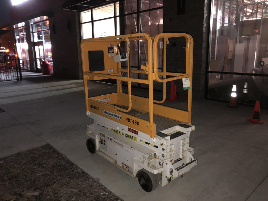 Custom Equipment HB-1430 <ul>
 <li>Hy-Brid Scissor Lift</li>
  <li>Platform capacity up to 670 lbs.</li>
  <li>Working height up to 20 ft</li>
  <li>Weighs under 1,700 lbs.</li>
  <li>Non-marking wheels </li>
</ul>