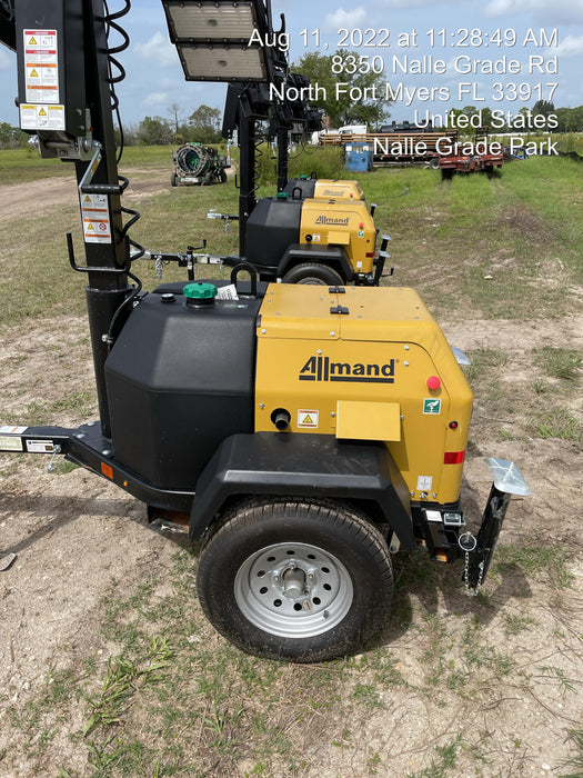 2022 Allmand NLV3GR (4) LED Light Fixture 350W, 23' Vertical Mast, 3kW Prime, Towable, Deep Sea L401, Leveling Jacks, Yanmar T4F 5.8hp