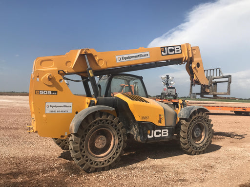 2019 JCB 509-42 74 HP w/Open ROPS, Beacon, Aux Hydraulics, LED Work lights, Solid Tires 66" Carriage/60" Forks