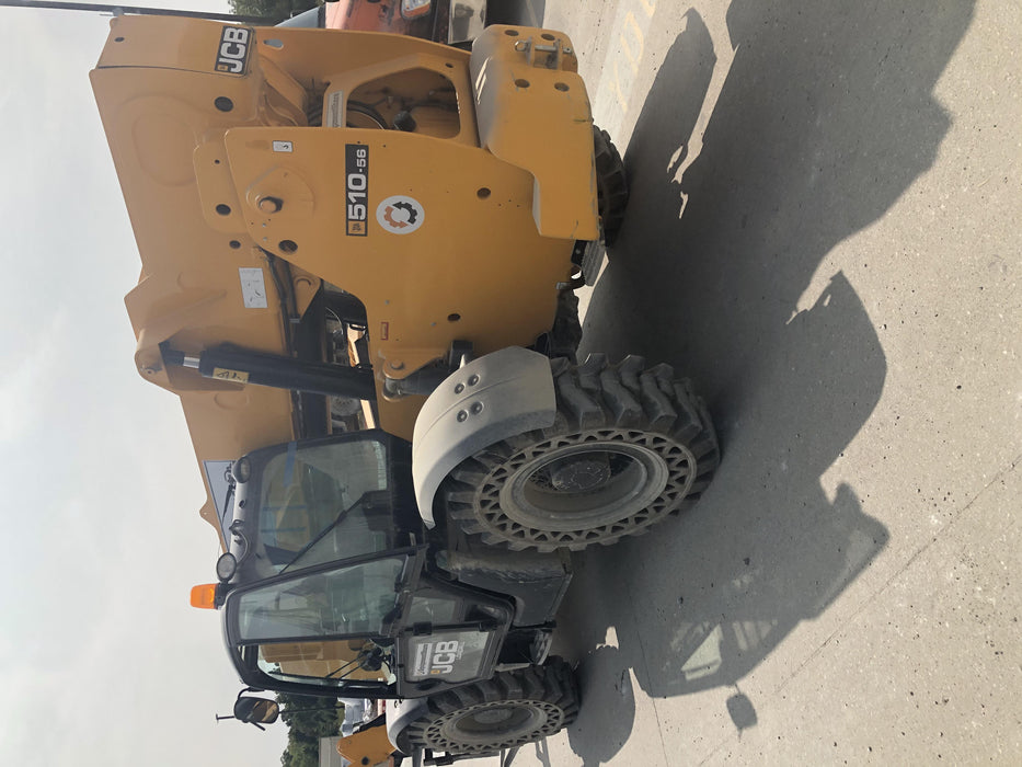 2020 JCB 510-56 Cab/Heat/Air, 74 HP, Solid Tires, STD Worklight, Beacon, Aux Hydraulics, Lifting Eye, Back up Alarm w/66" Carriage/60" Forks