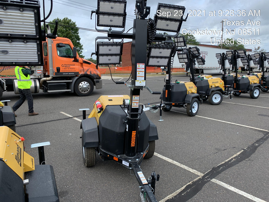 Allmand NLV3GR (4) LED Light Fixture 350W, 23' Vertical Mast, 3kW Prime, Towable, Deep Sea L401, Leveling Jacks, Yanmar T4F 5.8hp