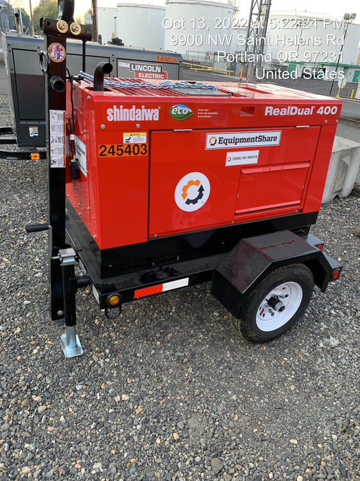 2022 Shindaiwa DGW400MDL Kubota D902 Engine, 23 HP, Dual Op Welder, Wire, Arc, Droop Stick, Tig, and CC Stick Functionality, Simulphase, 3 Phase and 1 Phase Gen Output, Single Axle NB Trlr, Slr Trckl Chrg 12V 12W, Fire Ext