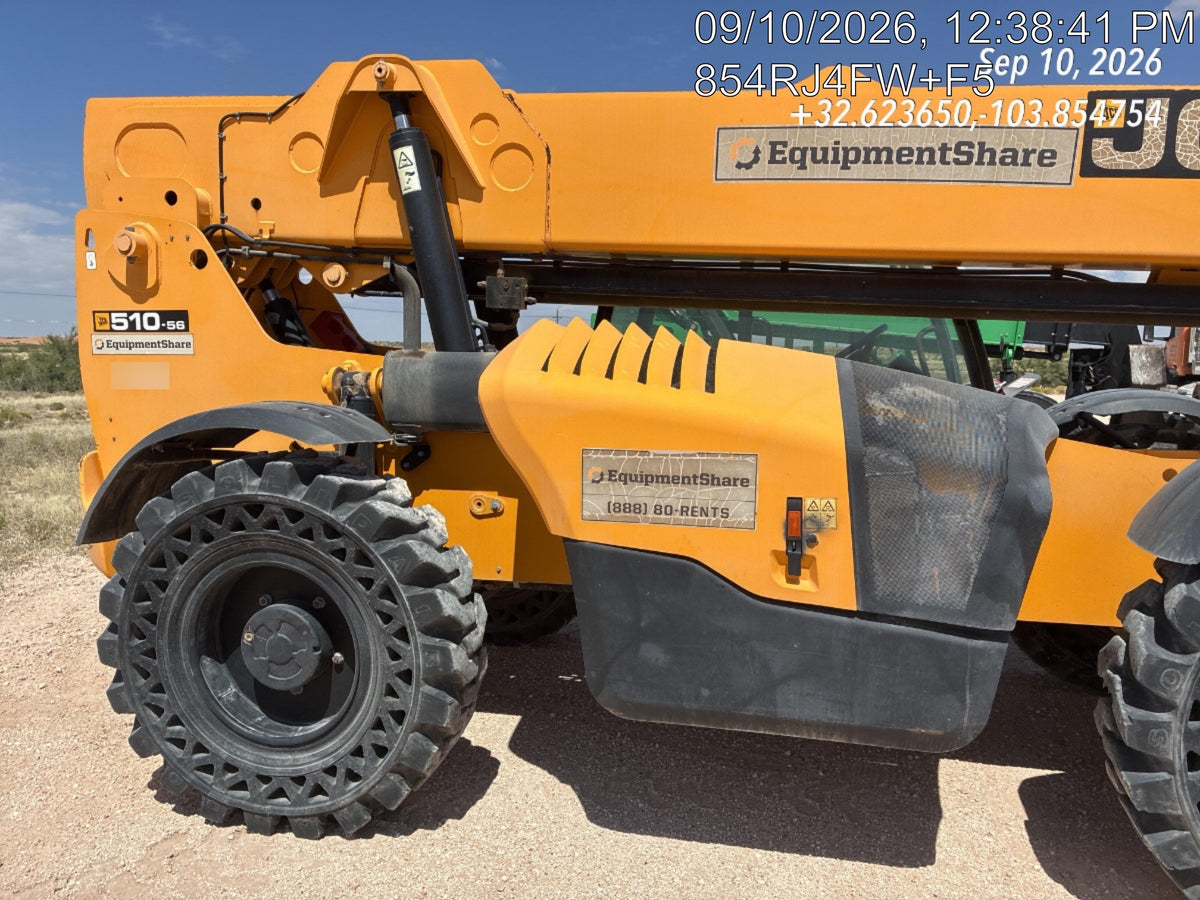 2019 JCB 510-56 Open ROPS, 74 HP, Solid Tires, Worklights, Beacon, Aux Hydraulics, Lifting Eye 72" Carriage/60" Forks
