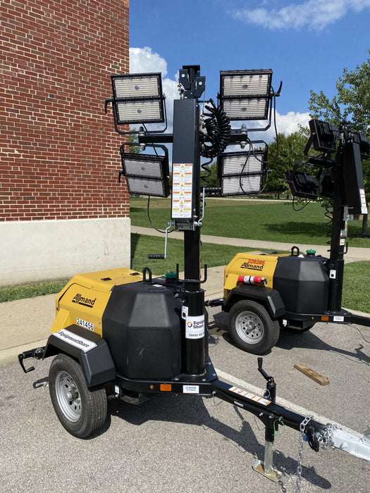 2022 Allmand NLV3GR (4) LED Light Fixture 350W, 23' Vertical Mast, 3kW Prime, Towable, Deep Sea L401, Leveling Jacks, Yanmar T4F 5.8hp