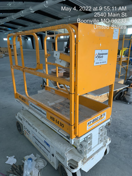 Custom Equipment HB-1430 Hy-Brid Scissor Lift
Platform capacity up to 670 lbs
Working height up to 20 ft
Weighs under 1,700 lbs
Non-marking wheels