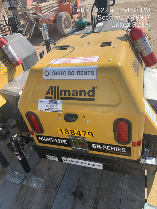 Allmand NLV3GR (4) LED Light Fixture 350W, 23' Vertical Mast, 3kW Prime, Towable, Deep Sea L401, Leveling Jacks, Yanmar T4F 5.8hp