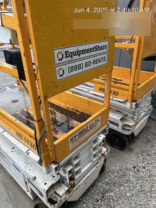 Custom Equipment HB-1430 Hy-Brid Scissor Lift
Platform capacity up to 670 lbs
Working height up to 20 ft
Weighs under 1,700 lbs
Non-marking wheels