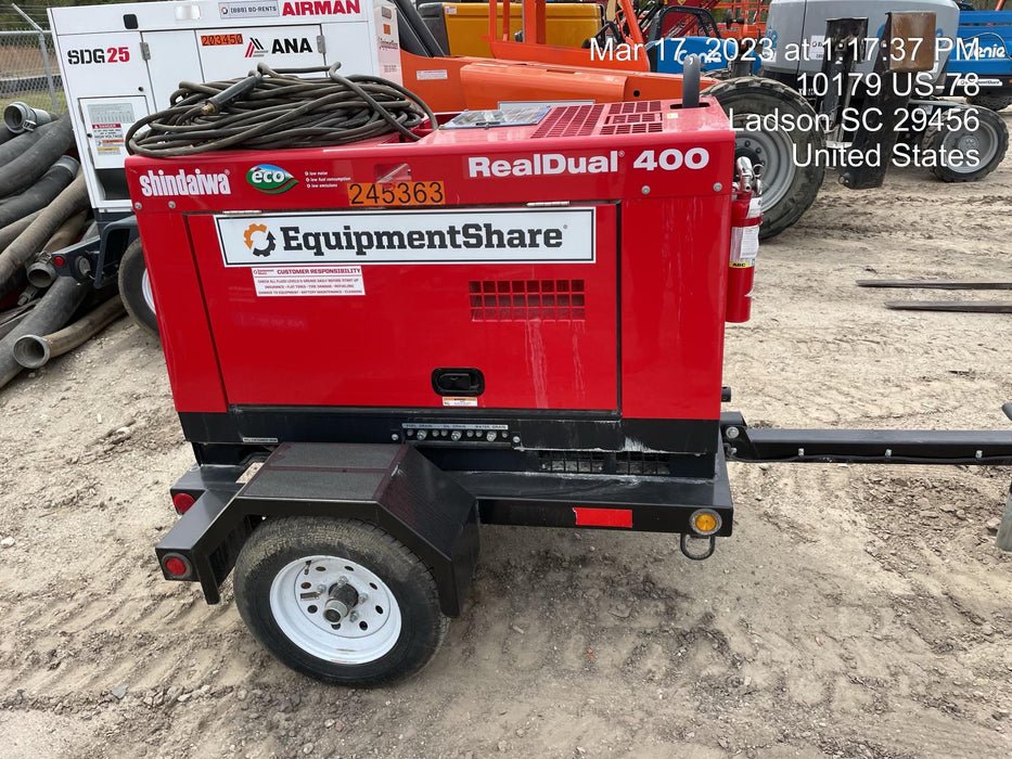 2022 Shindaiwa DGW400MDL Kubota D902 Engine, 23 HP, Dual Op Welder, Wire, Arc, Droop Stick, Tig, and CC Stick Functionality, Simulphase, 3 Phase and 1 Phase Gen Output, Single Axle NB Trlr, Slr Trckl Chrg 12V 12W, Fire Ext