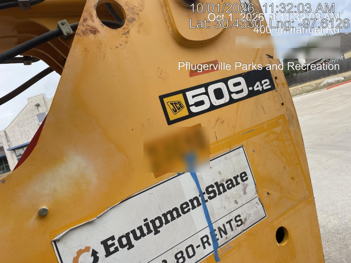 2019 JCB 509-42 JCB 509-42 Enclosed Cab, 74 HP, Solid Tires, Worklights, Beacon, Aux Hydraulics, Lifting Eye, 60" Carriage/60" Forks