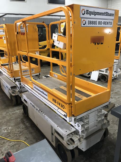 Custom Equipment HB-1430 <ul>
 <li>Hy-Brid Scissor Lift</li>
  <li>Platform capacity up to 670 lbs.</li>
  <li>Working height up to 20 ft</li>
  <li>Weighs under 1,700 lbs.</li>
  <li>Non-marking wheels </li>
</ul>