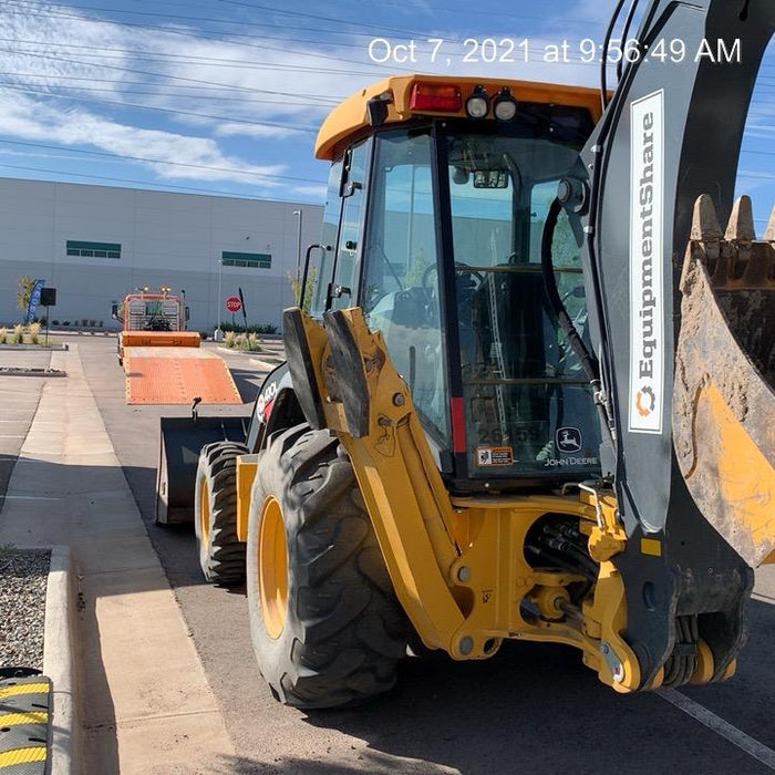 2019 John Deere 410L 4WD, CAB/HVAC, Standard Dipperstick, ISO Controls, Rear Aux Hydraulics, Manual QC, 1.5 Yd Bucket w/Forks, 24" Bucket