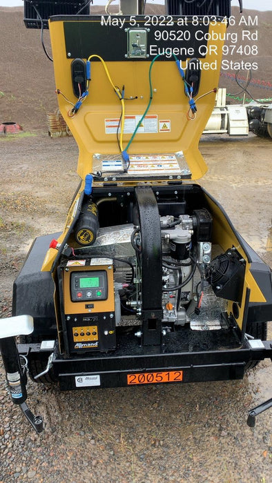 2022 Allmand NLV3GR (4) LED Light Fixture 350W, 23' Vertical Mast, 3kW Prime, Towable, Deep Sea L401, Leveling Jacks, Yanmar T4F 5.8hp