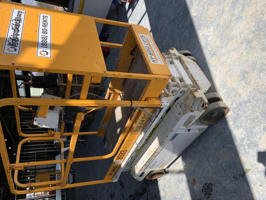 Custom Equipment HB-1430 Hy-Brid Scissor Lift
Platform capacity up to 670 lbs
Working height up to 20 ft
Weighs under 1,700 lbs
Non-marking wheels