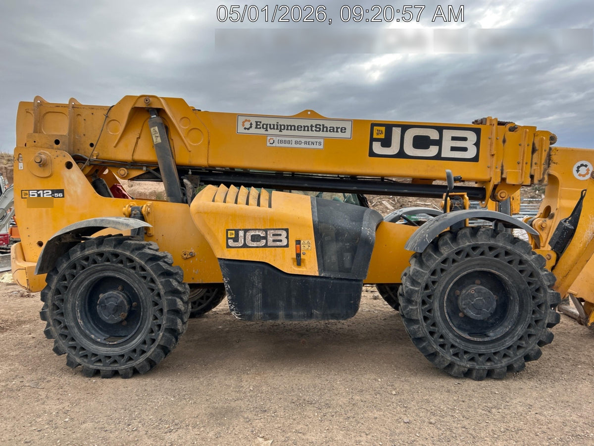2019 JCB 512-56 109 HP w/CAB/HVAC, Beacon, Aux Hydraulics, Worklights, Solid Tires w/60" Carriage/Forks