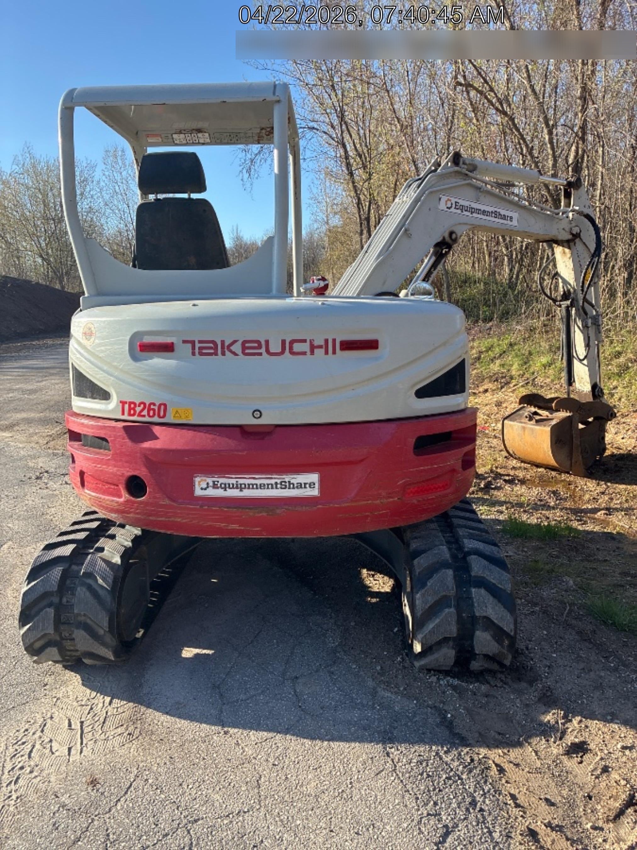 2019 Takeuchi TB260 Takeuchi TB260 Canopy w/Rubber Tracks, Auxiliary Hydraulics, Standard Blade, Manual QC, 12 / 18 / 24" Buckets, Hydraulic Thumb Installed