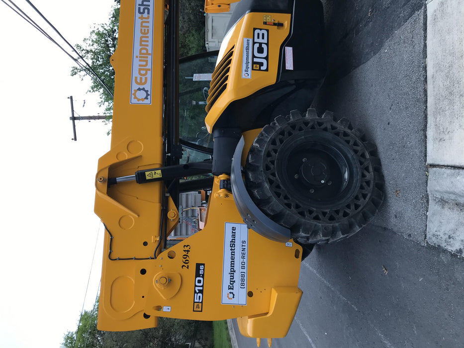 2019 JCB 510-56 74 HP w/Open ROPS, Beacon, Aux Hydraulics, Worklights, Solid Tires w/60" Carriage/Forks