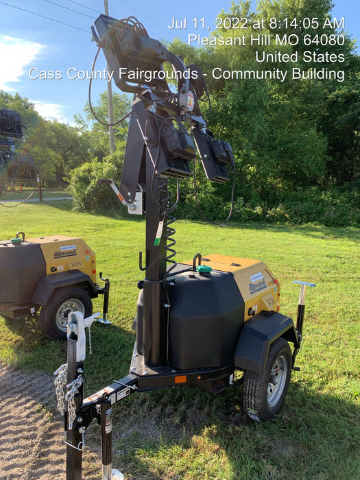 2022 Allmand NLV3GR (4) LED Light Fixture 350W, 23' Vertical Mast, 3kW Prime, Towable, Deep Sea L401, Leveling Jacks, Yanmar T4F 5.8hp