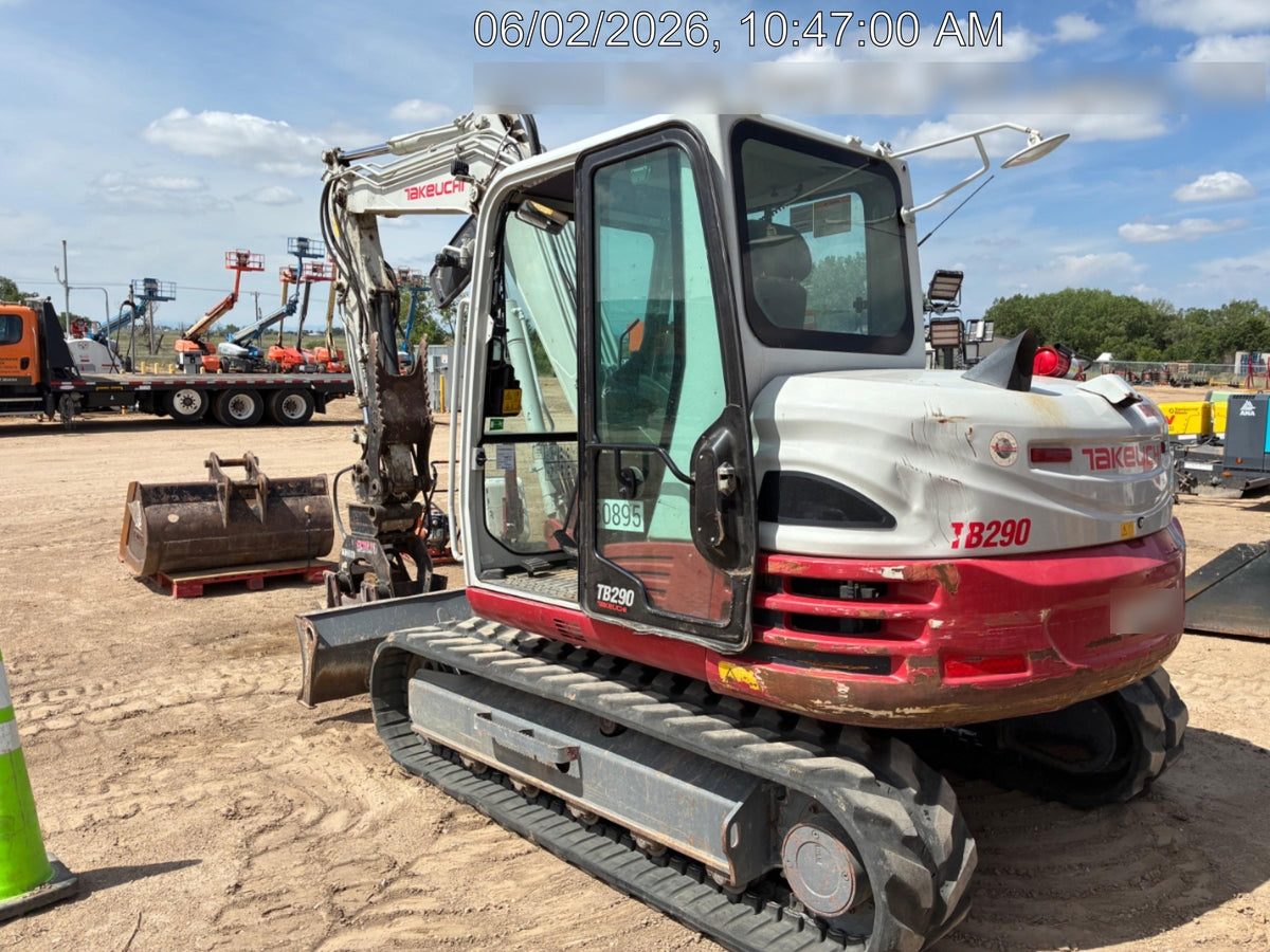 2019 Takeuchi TB290 Cab, AC, Rubber Tracks, Dozer Blade, Travel Alarm, Control Pattern Change Valve, Auxiliary Hydraulics w/18" Quick Coupler Bucket with teeth, 6.2 cu. ft. capacity/24" Quick Coupler Bucket with teeth, 8.6 cu. ft. capacity/36" Quick Coupler Bucket with teeth, 13.4 cu. ft. capacity, Quick Coupler, Hydraulic Thumb Installed