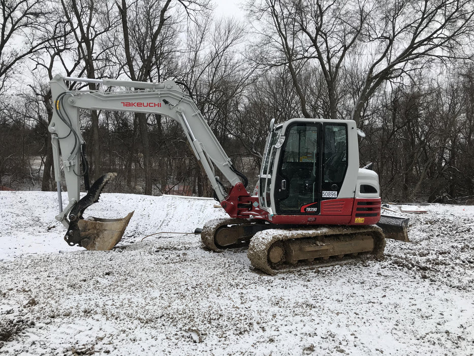 2019 Takeuchi TB290 Cab, AC, Rubber Tracks, Dozer Blade, Travel Alarm, Control Pattern Change Valve, Auxiliary Hydraulics w/18" Quick Coupler Bucket with teeth, 6.2 cu. ft. capacity/24" Quick Coupler Bucket with teeth, 8.6 cu. ft. capacity/36" Quick Coupler Bucket with teeth, 13.4 cu. ft. capacity, Quick Coupler, Hydraulic Thumb Installed
