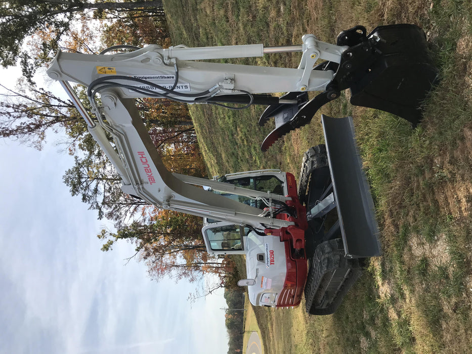 2019 Takeuchi TB290 Cab, AC, Rubber Tracks, Dozer Blade, Travel Alarm, Control Pattern Change Valve, Auxiliary Hydraulics w/18" Quick Coupler Bucket with teeth, 6.2 cu. ft. capacity/24" Quick Coupler Bucket with teeth, 8.6 cu. ft. capacity/36" Quick Coupler Bucket with teeth, 13.4 cu. ft. capacity, Quick Coupler, Hydraulic Thumb Installed