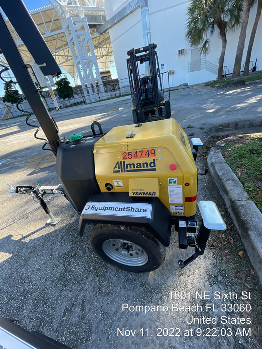 2022 Allmand NLV3GR (4) LED Light Fixture 350W, 23' Vertical Mast, 3kW Prime, Towable, ES Decals, T3