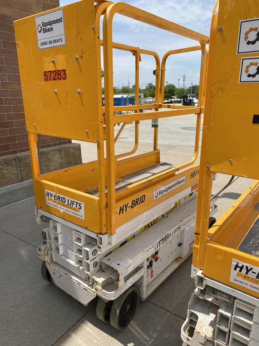 Custom Equipment HB-1430 <ul>
 <li>Hy-Brid Scissor Lift</li>
  <li>Platform capacity up to 670 lbs.</li>
  <li>Working height up to 20 ft</li>
  <li>Weighs under 1,700 lbs.</li>
  <li>Non-marking wheels </li>
</ul>