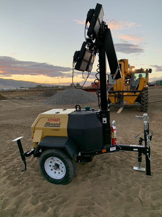 2021 Allmand NLV3GR (4) LED Light Fixture 350W, 23' Vertical Mast, 3kW Prime, Towable, Deep Sea L401, Leveling Jacks, Yanmar T4F 5.8hp