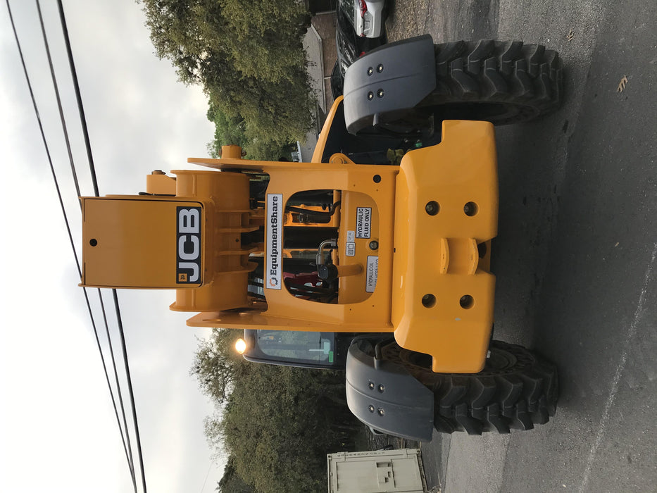 2019 JCB 510-56 74 HP w/Open ROPS, Beacon, Aux Hydraulics, Worklights, Solid Tires w/60" Carriage/Forks
