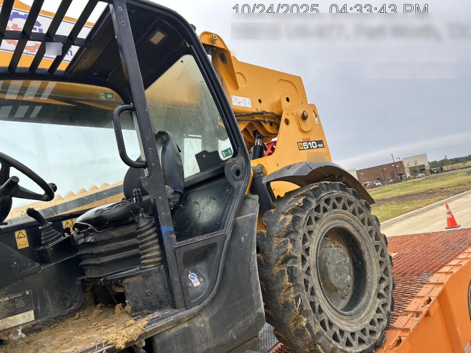 2019 JCB 510-56 74 HP w/Open ROPS, Beacon, Aux Hydraulics, Worklights, Solid Tires w/60" Carriage/Forks