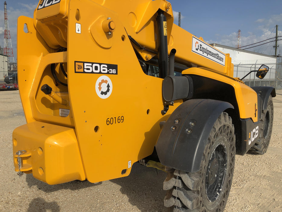 2020 JCB 506-36 Cab/Heat/Air, 74 HP, Solid Tires, STD Worklight, Beacon, Aux Hydraulics, Lifting Eye, Back up Alarm w/48" Carriage/48" Forks