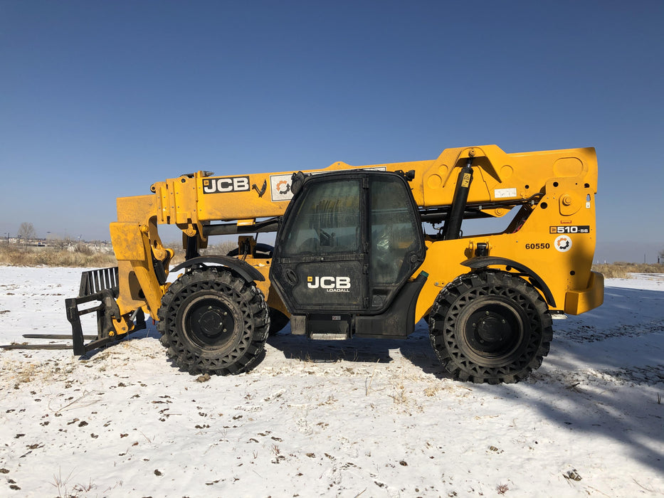 2020 JCB 510-56 Cab/Heat/Air, 74 HP, Solid Tires, STD Worklight, Beacon, Aux Hydraulics, Lifting Eye, Back up Alarm w/66" Carriage/60" Forks
