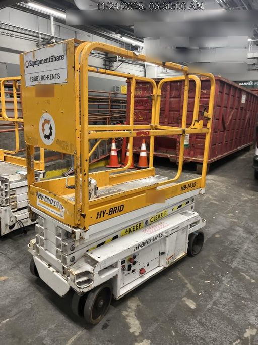 Custom Equipment HB-1430 <ul>
 <li>Hy-Brid Scissor Lift</li>
  <li>Platform capacity up to 670 lbs.</li>
  <li>Working height up to 20 ft</li>
  <li>Weighs under 1,700 lbs.</li>
  <li>Non-marking wheels </li>
</ul>