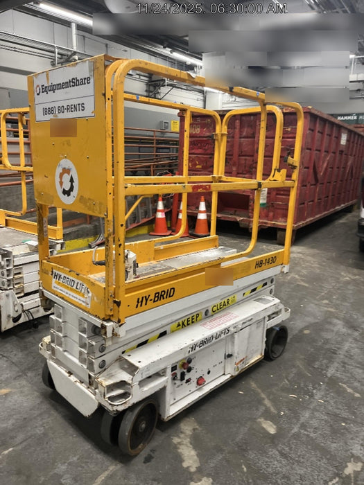 Custom Equipment HB-1430 <ul>
 <li>Hy-Brid Scissor Lift</li>
  <li>Platform capacity up to 670 lbs.</li>
  <li>Working height up to 20 ft</li>
  <li>Weighs under 1,700 lbs.</li>
  <li>Non-marking wheels </li>
</ul>