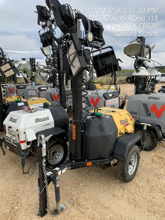 Allmand NLV3GR (4) LED Light Fixture 350W, 23' Vertical Mast, 3kW Prime, Towable, Deep Sea L401, Leveling Jacks, Yanmar T4F 5.8hp