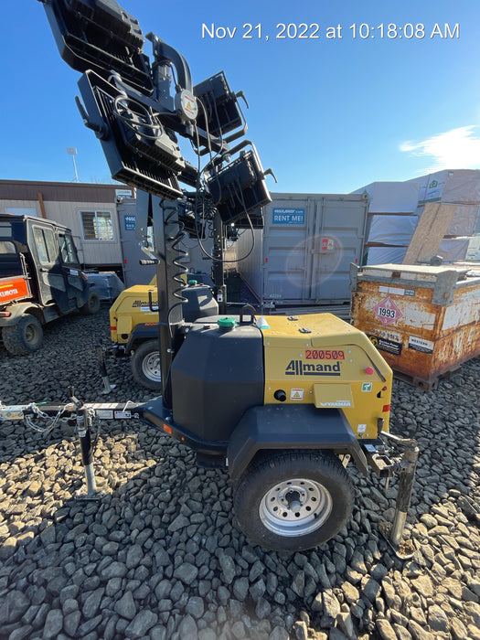 2022 Allmand NLV3GR (4) LED Light Fixture 350W, 23' Vertical Mast, 3kW Prime, Towable, Deep Sea L401, Leveling Jacks, Yanmar T4F 5.8hp