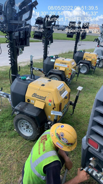 2022 Allmand NLV3GR (4) LED Light Fixture 350W, 23' Vertical Mast, 3kW Prime, Towable, Deep Sea L401, Leveling Jacks, Yanmar T4F 5.8hp