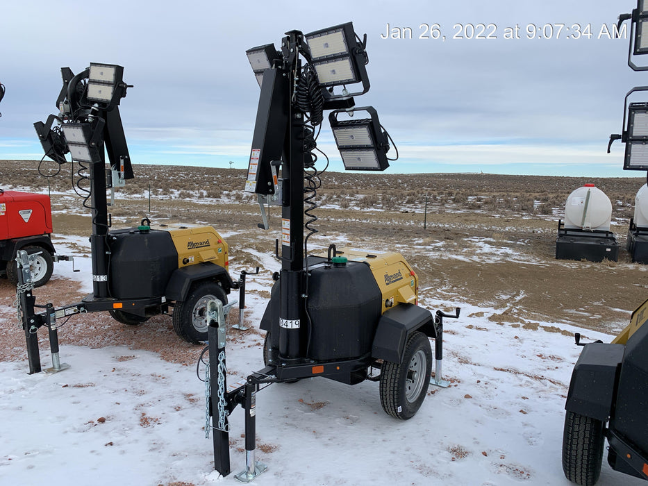 2022 Allmand NLV3GR (4) LED Light Fixture 350W, 23' Vertical Mast, 3kW Prime, Towable, Deep Sea L401, Leveling Jacks, Yanmar T4F 5.8hp