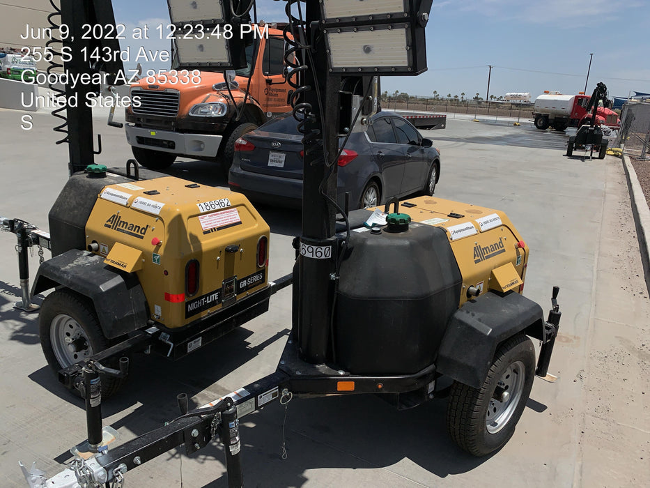 Allmand NLV3GR (4) LED Light Fixture 350W, 23' Vertical Mast, 3kW Prime, Towable, Deep Sea L401, Leveling Jacks, Yanmar T4F 5.8hp