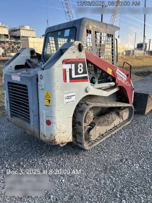 2019 Takeuchi TL8 Radial ROPS, ROPS/FOPS Canopy, 15" Wide Rubber Tracks, Back-up Alarm, Front & Rear Working Lights, Auxiliary Hydraulics, Two-Speed Travel, Electronic Monitoring System 76" HD Dirt Bucket with 8 Teeth, 20.3 cubic feet Capacity
