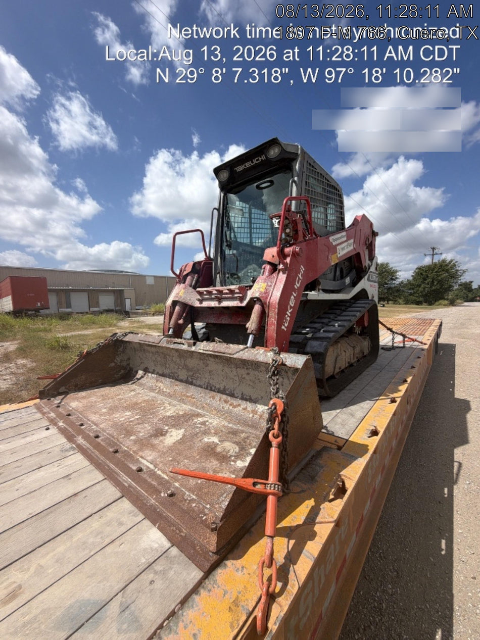 2019 Takeuchi TL10V2-CR Cab/Heat/AC, Rubber Tracks, Backup Alarm, Front & rear working Lights, Auxiliary Hydraulics, 2 Speed Travel, Engine Monitoring System, Hydraulic universal quick hitch w/76" HD smooth dirt bucket with bolt-on edge, 20.3 cubic feet capacity, 48" Pallet forks and frame