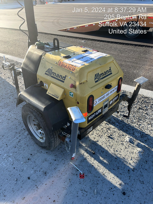 2021 Allmand NLV3GR (4) LED Light Fixture 350W, 23' Vertical Mast, 3kW Prime, Towable, Deep Sea L401, Leveling Jacks, Yanmar T4F 5.8hp