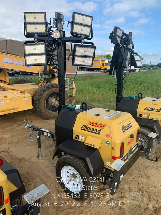 2021 Allmand NLV3GR (4) LED Light Fixture 350W, 23' Vertical Mast, 3kW Prime, Towable, Deep Sea L401, Leveling Jacks, Yanmar T4F 5.8hp