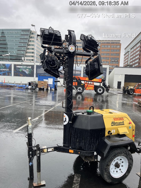 2021 Allmand NLV3GR (4) LED Light Fixture 350W, 23' Vertical Mast, 3kW Prime, Towable, Deep Sea L401, Leveling Jacks, Yanmar T4F 5.8hp