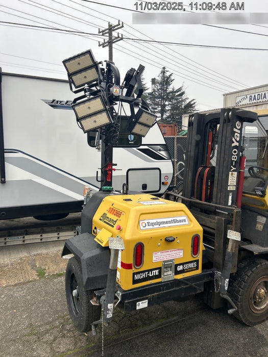 2021 Allmand NLV3GR (4) LED Light Fixture 350W, 23' Vertical Mast, 3kW Prime, Towable, Deep Sea L401, Leveling Jacks, Yanmar T4F 5.8hp